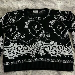 Vintage holiday sweater XL silver knit black white paisley ribbon 80s 90s 🩶